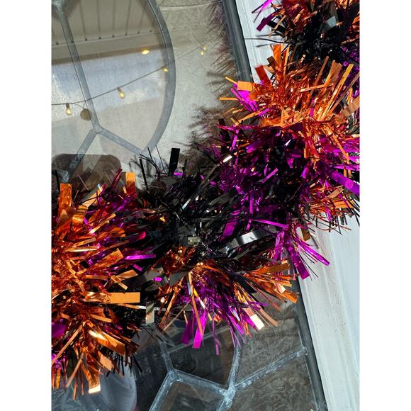 DIY 15" Purple Orange & Black Tinsel Halloween Wreath Base, Home Decor Project - Picture 3 of 4
